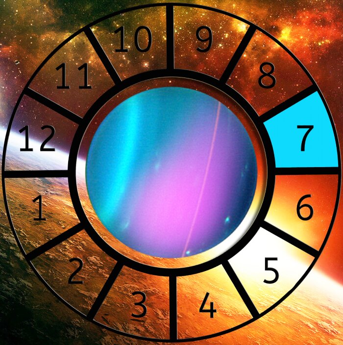 Uranus shown within a Astrological House wheel highlighting the 7th House